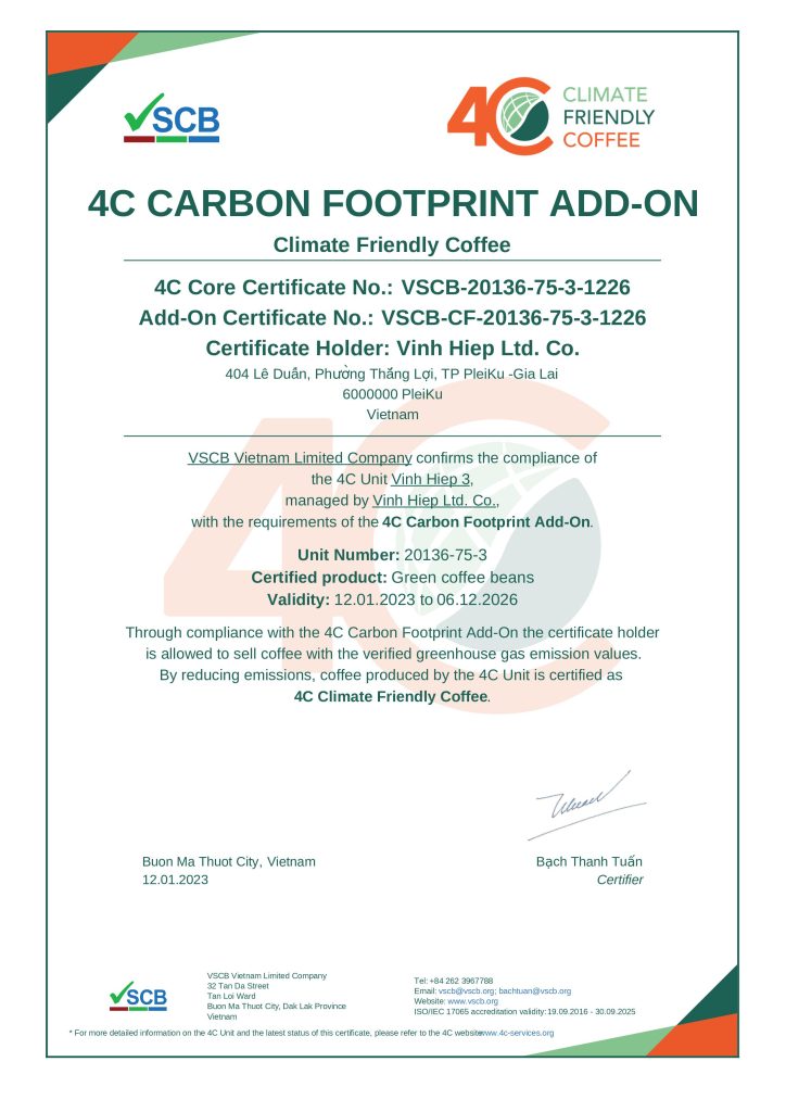 The 4C Carbon Footprint Add-On document reproduced in Vinh Hiep's January 2023 update.