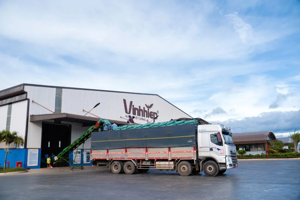 A truck at Vinh Hiep's facility illustrates the movement of coffee that needs to remain connected with sourcing records.