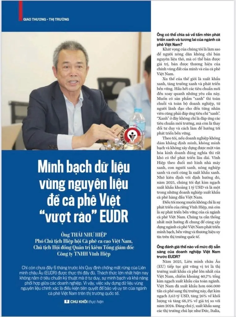 Trang tạp chí phỏng vấn ông Thái Như Hiệp về dữ liệu vùng nguyên liệu