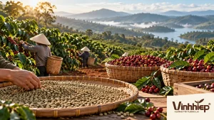 Thu hoạch quả cà phê và kiểm tra hạt nhân tại vùng nguyên liệu