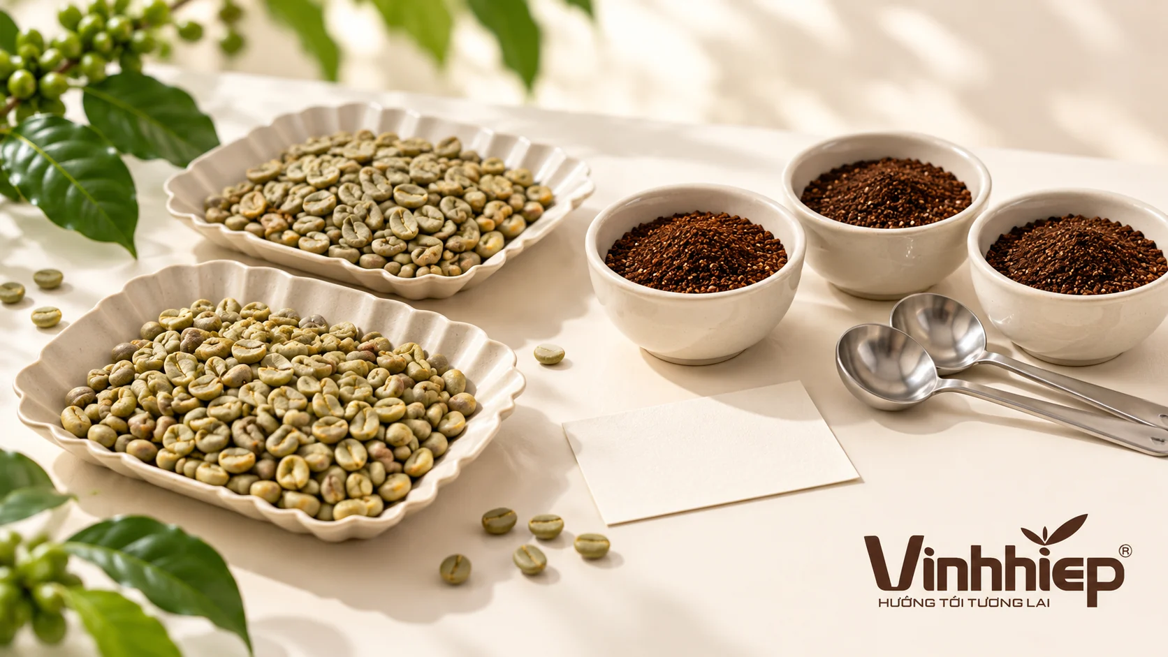 Two green coffee samples with tasting cups on a workbench