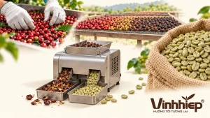 Lựa quả cà phê, làm khô trên giàn, tách vỏ và thu cà phê nhân xanh