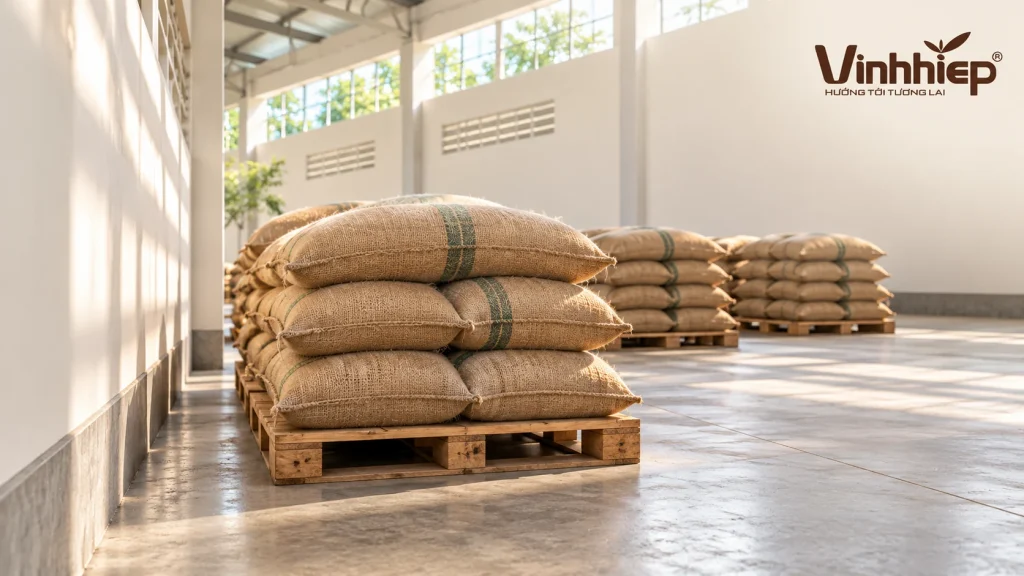 Các chồng bao cà phê trên pallet gỗ trong kho sáng, có lối đi và khoảng trống cạnh tường.