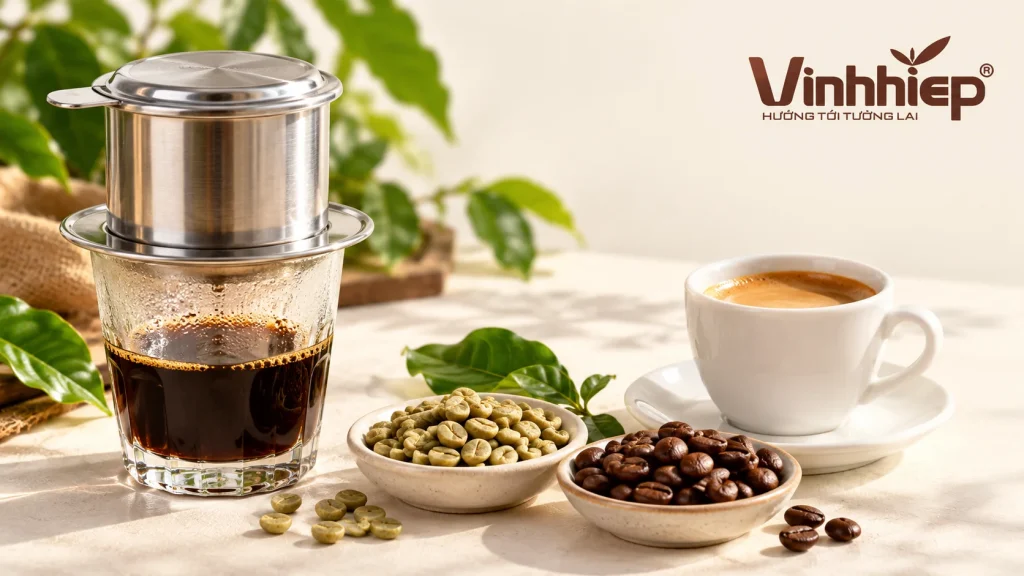 Phin trên ly cà phê, tách espresso và hai bát chứa cà phê nhân xanh cùng hạt rang.