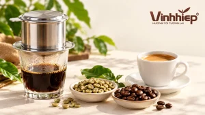 Phin trên ly cà phê, tách espresso và hai bát chứa cà phê nhân xanh cùng hạt rang.
