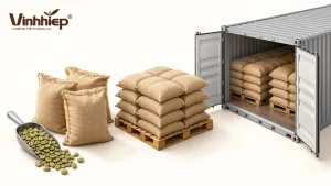 Coffee bags arranged for handling beside green coffee