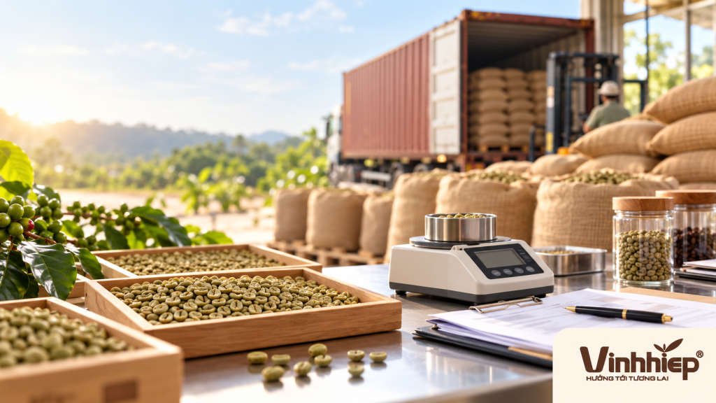 Green coffee trays, a moisture meter and coffee bags near a container