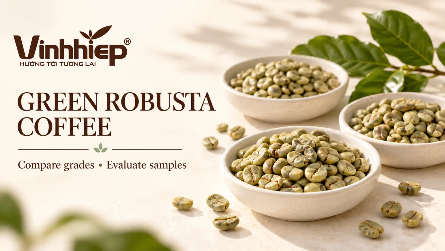 Bowls of green Robusta coffee on a bright background