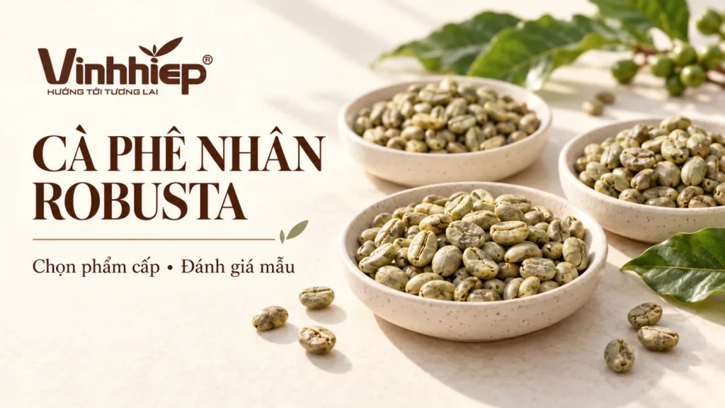 Minh họa cà phê nhân và hoạt động thu mua với logo Vĩnh Hiệp
