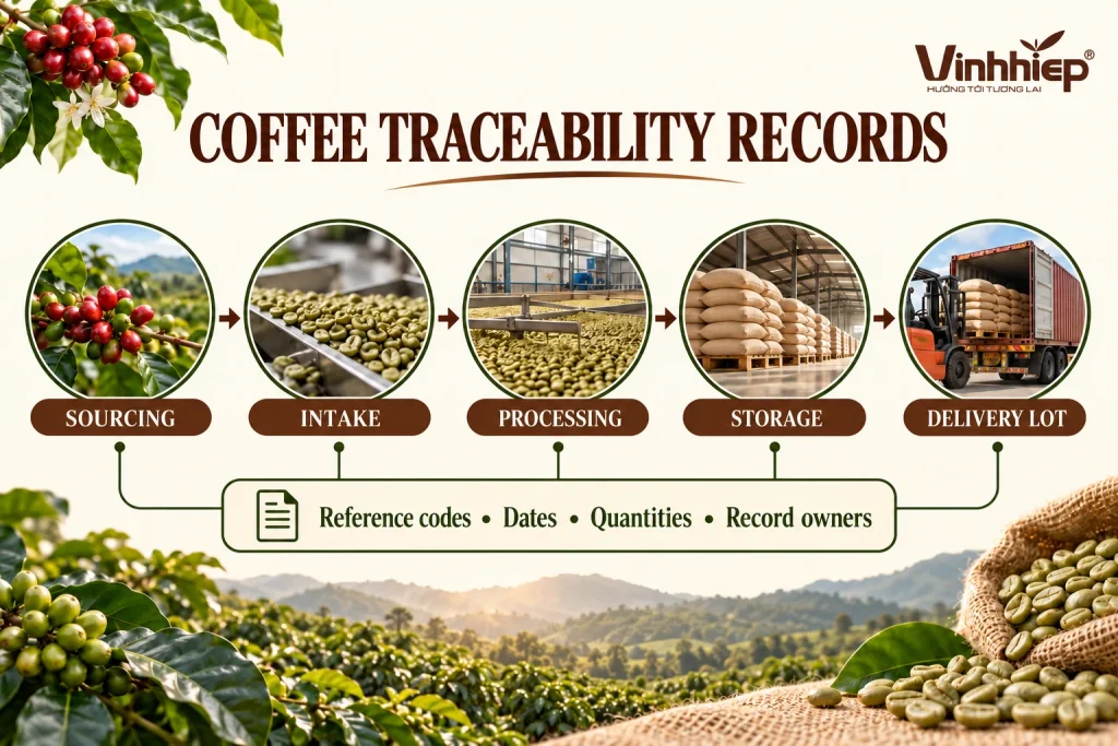 An English diagram following sourcing, intake, processing, storage and delivery references